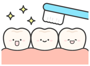 歯がつるつるになるイメージ。歯のキャラクターが歯ブラシに磨かれて輝いている。